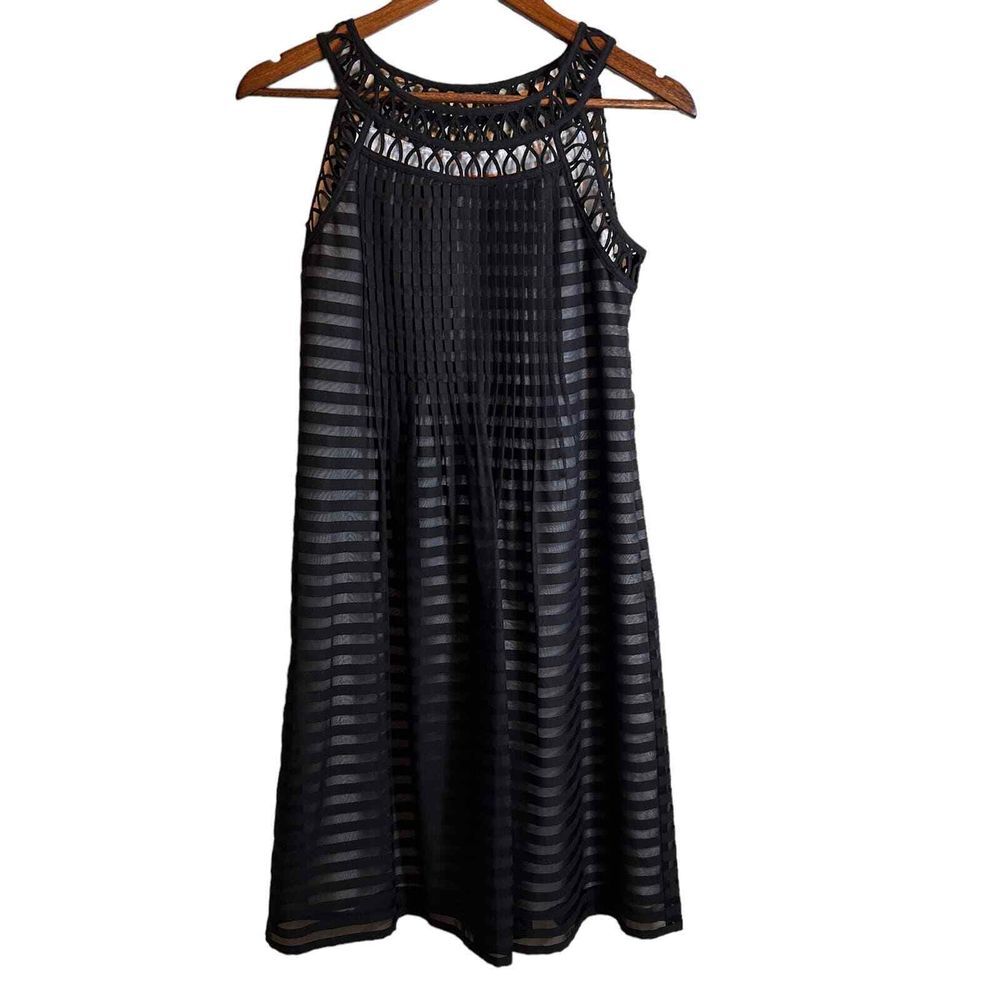Cynthia Steffe Size 0 Sheer Organza Striped Basketweave A Line Lined Dress Black